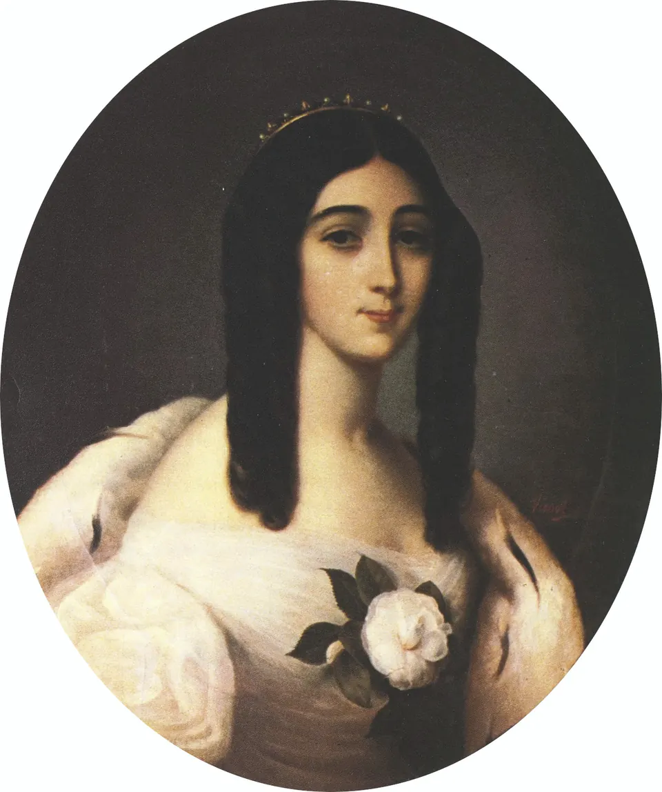 An oval portrait of a young woman with long dark hair, a white camellia pinned to her white gown and a thin gold tiara.